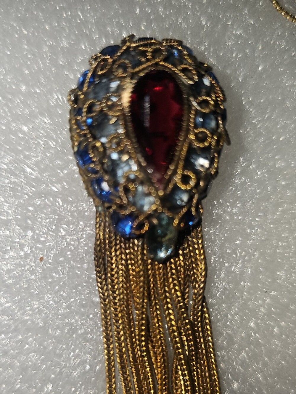 Vintage Gold Tassel Pendant with Red and Blue Stones - Picture 2 of 6